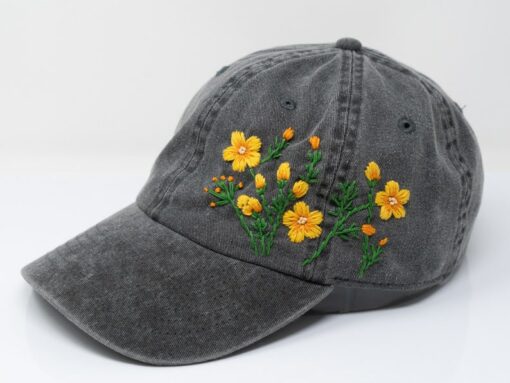 Handcrafted Yellow Daisy Floral Baseball Cap 100% Cotton Blossom Hat