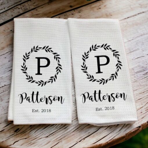 Personalized Dish Towel Embroidered Family Name, Established Year, Custom Tea Towel, Kitchen Decor, New Couple Gift, Wedding Present