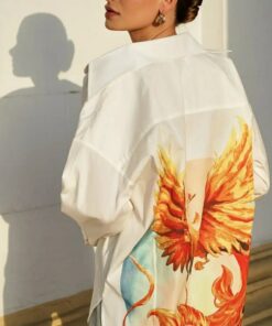 Phoenix-Embroidered Oversized White Cotton Shirt Elevate Your Office Style