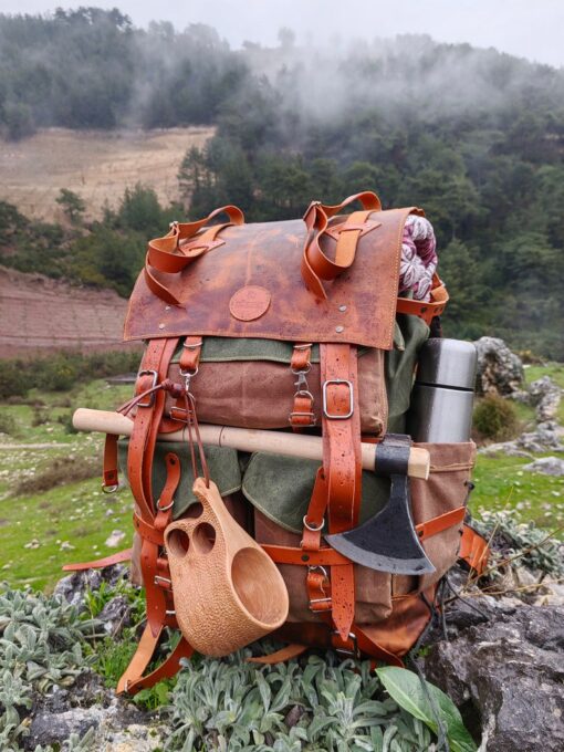 45L Handmade Leather and Waxed Canvas Bushcraft Backpack Your Rugged Companion for Wilderness Adventures