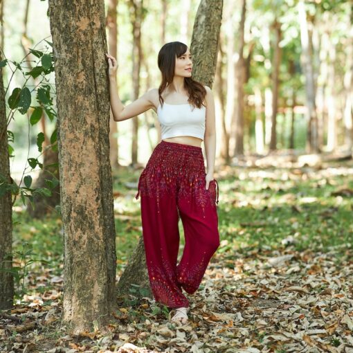 Flowy Boho Harem Pants Embrace Bohemian Style with Burgundy Yoga Trousers