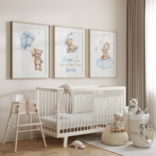 Adorable Teddy Bear Nursery Prints A Charming Trio for Your Little Boy's Room