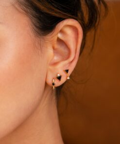 Caitlyn Minimalist Black Gemstone Triangle Earring Set Pave Diamond Hoop, Stud Earring