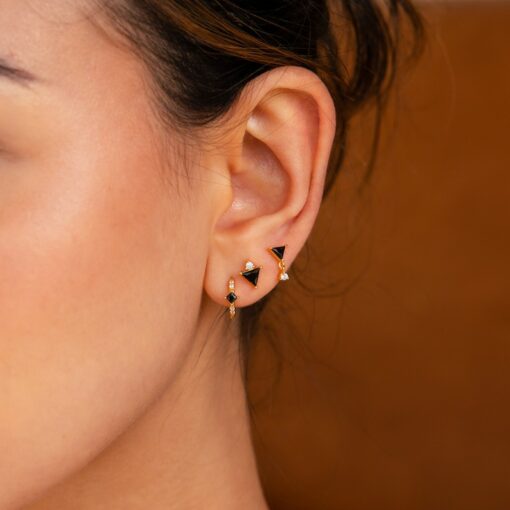 Caitlyn Minimalist Black Gemstone Triangle Earring Set Pave Diamond Hoop, Stud Earring