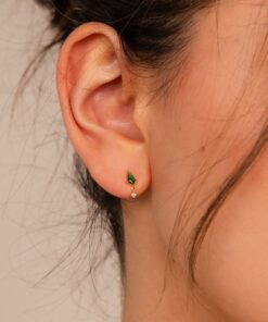 Emerald Kite Stud Earrings Minimalist Gemstone Drops with Diamond Charm