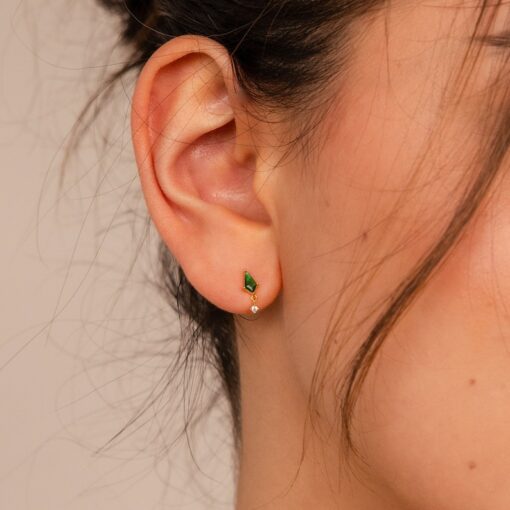 Emerald Kite Stud Earrings Minimalist Gemstone Drops with Diamond Charm