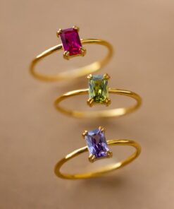 Art Deco Emerald Cut Birthstone Ring Personalized Gemstone Jewelry for Her