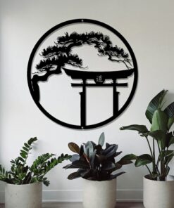 Japanese Metal Art Bonsai Tree Wall Art with Tori Gate - Inspired by Japanese Culture