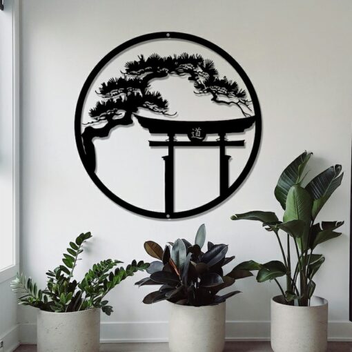 Japanese Metal Art Bonsai Tree Wall Art with Tori Gate - Inspired by Japanese Culture
