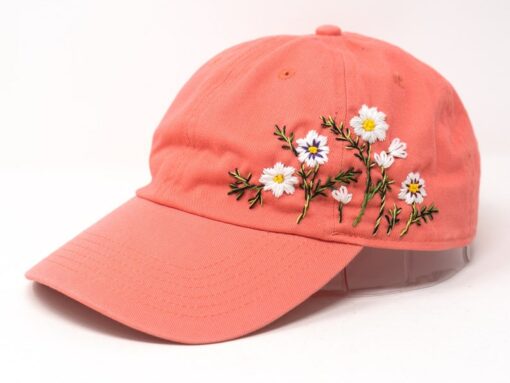 Blossom Beauty Hand-Embroidered Floral Washed Pink Baseball Cap for Women - Vintage Garden Blooms