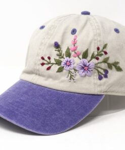 Two-Toned Purple Violet Washed Cotton Cap with Blossoms A Botanical Masterpiece for Fashion-Forward Women