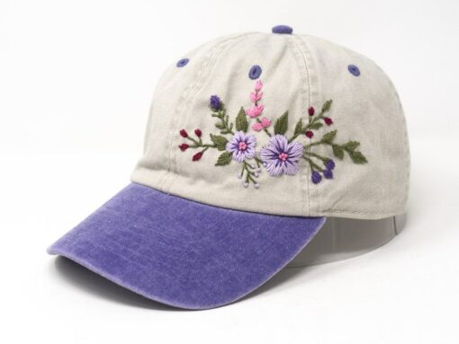 Two-Toned Purple Violet Washed Cotton Cap with Blossoms A Botanical Masterpiece for Fashion-Forward Women
