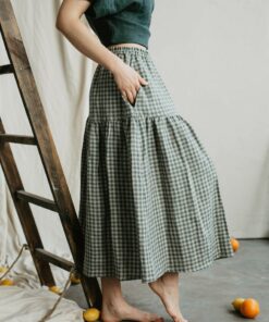 VAKARE Elegant Long Linen Skirt in Green Gingham for Women