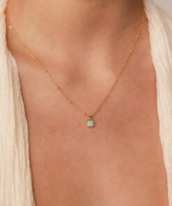 Turquoise Opal Pendant Necklace Minimalist Square Charm on Satellite Chain