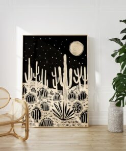 Eclectic Linocut-Style Desert Landscape Wall Art A Stunning Black Cream Desert Scene with Cactus and Moon