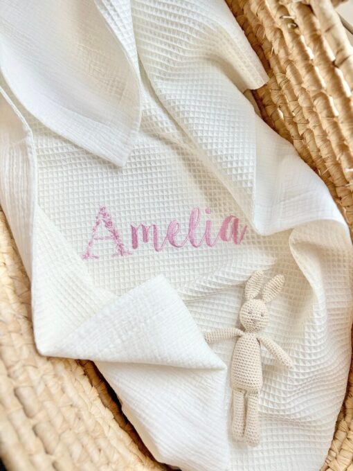 Personalized Muslin Waffle Blanket Embroidered Name for Baby Girl, Perfect for Baby Showers and Newborns