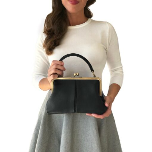 Timeless Elegance Black Leather Handbag with Kiss Lock Charm
