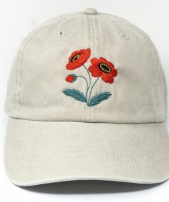 Embroidered Red Poppy Baseball Cap Washed Cotton, Curved Brim, Summer Style