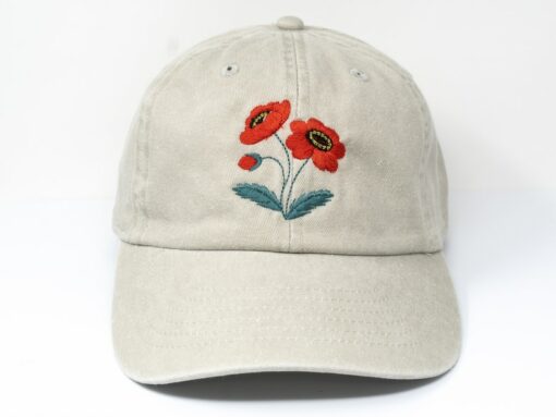 Embroidered Red Poppy Baseball Cap Washed Cotton, Curved Brim, Summer Style