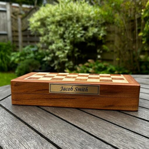 Personalized Chess Set Foldable Magnetic Board, Custom Brass Plate, Handmade Gift