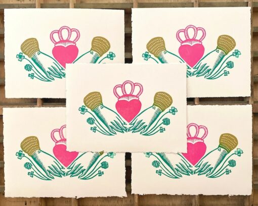 Claddagh Linocut Print Heart in Hands | Irish Love, Loyalty, Friendship | Handmade Relief Print for Good Luck