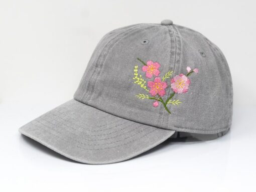 Sakura Blossom Embroidered Washed Cotton Baseball Cap for Summer