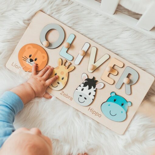 Personalized Safari Adventure Puzzle Educational Wooden Toy for Toddlers and First Birthday Gift