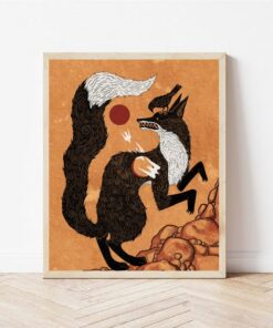Whimsical Cottagecore Folk Art Print "The Fox and the Crow" - Gothic Forest Illustration for Witchy Decor