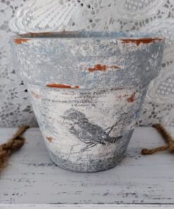 Charming French Country Bird Planter Rustic Songbird in Terracotta, Blue, Gray, and White Distressed Clay Pot