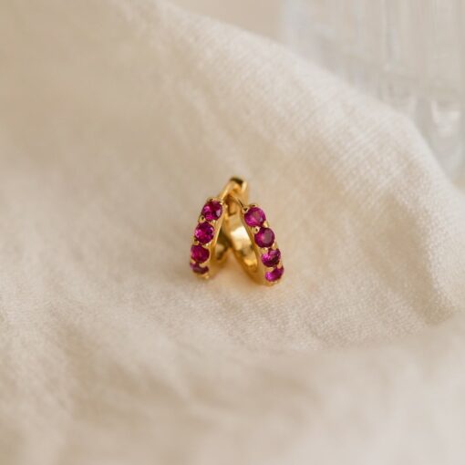 Ruby Birthstone Huggie Earrings Minimalist Crystal Hoops for Birthdays (ER111)
