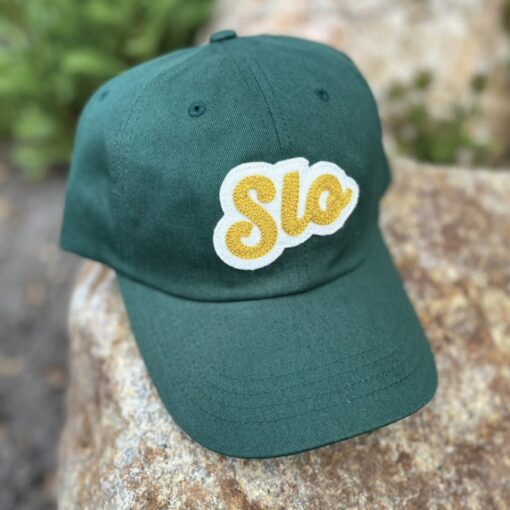 Chainstitched San Luis Obispo SLO Design Patch Cotton Twill Dad Hat Cap - Dark Forest Green with Gold and Ivory | Central Coast CA