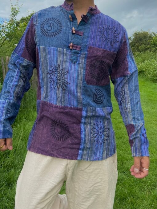 Patchwork Paradise Multi-Colored Blockprint Overdye Stonewash Nepali Shirt for Festival Vibes
