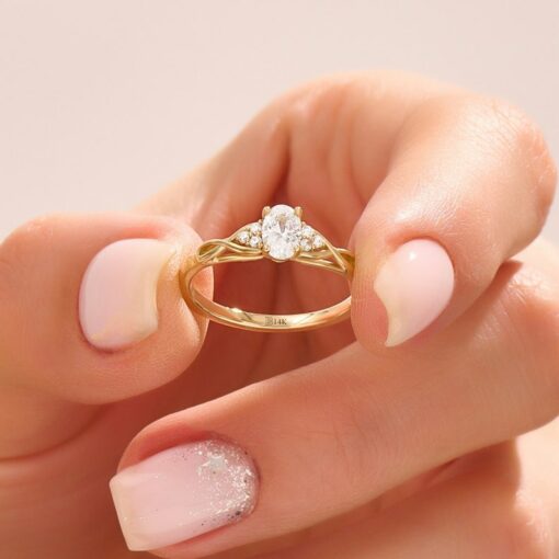 14k Gold Engagement Ring Minimalist Oval Solitaire with Simulated Diamond