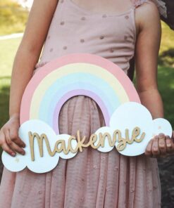 Enchanting Rainbow Haven Personalized Wooden Name Sign for a Magical Nursery