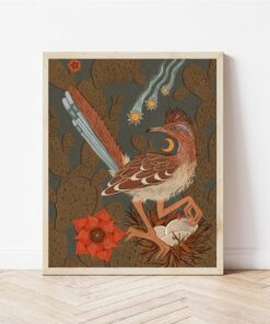 Desert Oasis Roadrunner, Nest, and Cactus Nature Print - Celestial Southwestern Wall Art