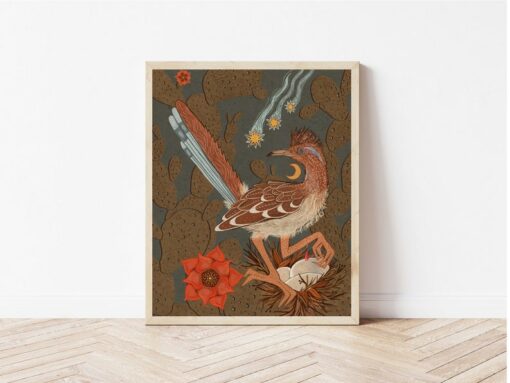 Desert Oasis Roadrunner, Nest, and Cactus Nature Print - Celestial Southwestern Wall Art