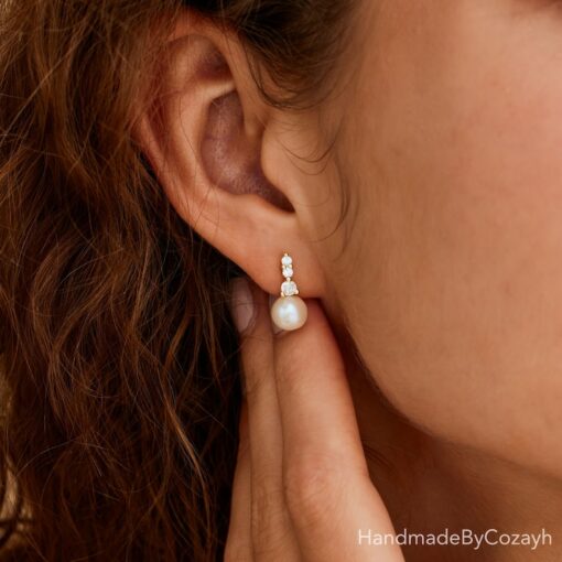 Shimmering Freshwater Pearl Drop Earrings with Diamond Accents A Bridal and Bridesmaid's Dream