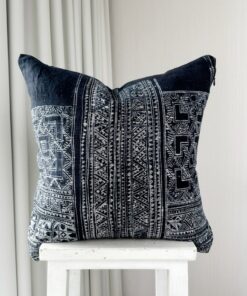 Handcrafted Indigo Hemp Pillow Cover with Vintage Hmong Patterns