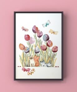 Original Hand-Painted Watercolor Art Vibrant Cats and Butterflies Dance on Canvas