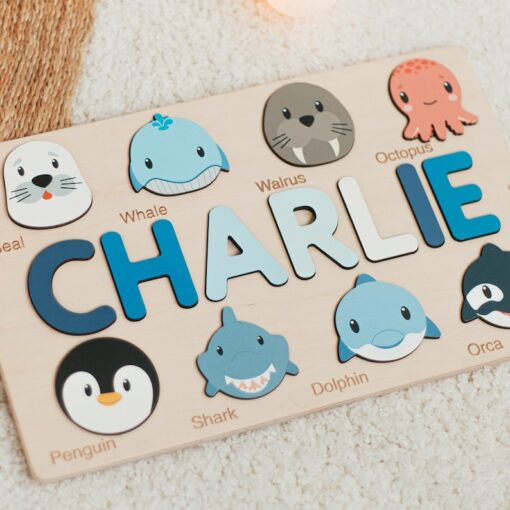 Personalized Animal Name Puzzle Educational Montessori Toy for Ocean Nursery Decor and Toddler Development