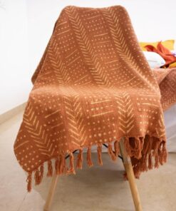 Rustic Charm Handcrafted Mud Cloth Cotton Blanket with Intricate Block Prints, Fringes, and Tassels