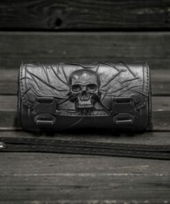 Skull-Emblazoned Leather Motorcycle Accessory Collection Fork Bag, Tool Bag, Front Bag, and Bar Bag