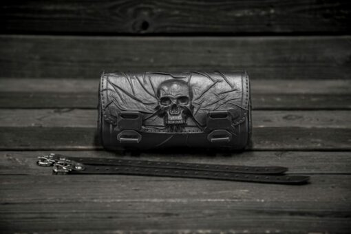 Skull-Emblazoned Leather Motorcycle Accessory Collection Fork Bag, Tool Bag, Front Bag, and Bar Bag