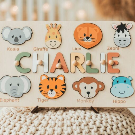 Personalized Safari Animal Name Puzzle Educational Montessori Toy for Toddlers, Custom Baby Shower or First Christmas Gift