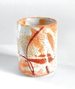 Exquisite 5.4oz Japanese Shino Ware Tea Cup Handcrafted Ceramic Masterpiece with Vibrant Orange and Red Accents