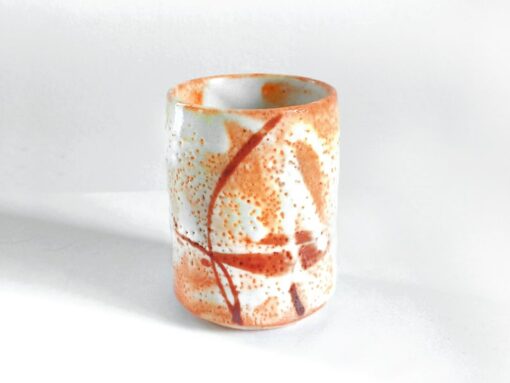 Exquisite 5.4oz Japanese Shino Ware Tea Cup Handcrafted Ceramic Masterpiece with Vibrant Orange and Red Accents