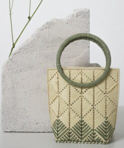 Ninlil Woven Raffia Ring Handle Handbag - Cream and Olive Elegance for Every Occasion
