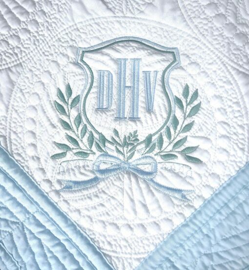 Personalized Heirloom Quilt Embroidered Baby Quilt with Vintage Crest and Monogram