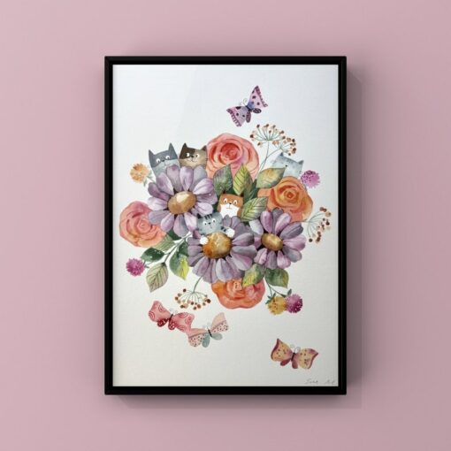 Original Hand-Painted Watercolor Cat Art Vibrant Nursery Decor for Kids' Rooms