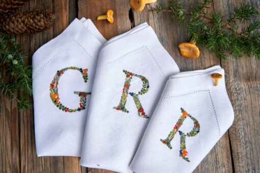 Embroidered Linen Napkins Personalized with Boletus and Chanterelles Motifs